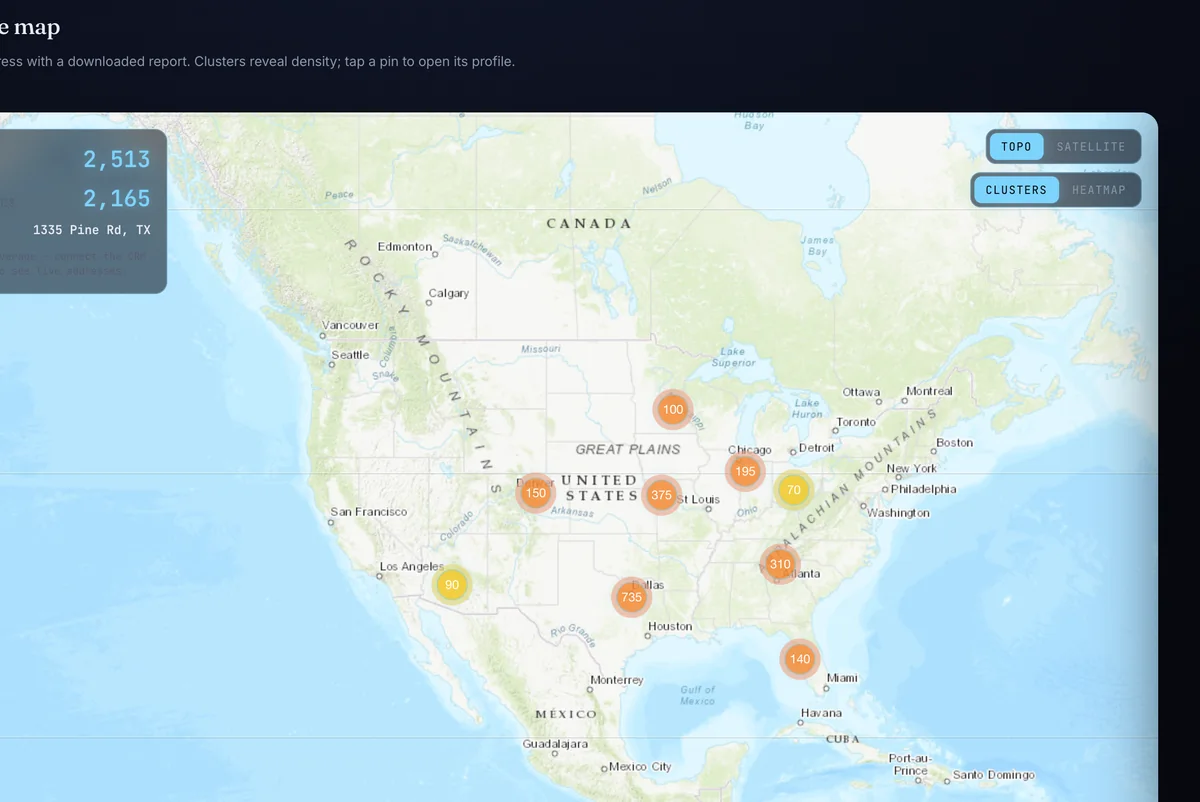 HailScan coverage map clustering properties by density across the United States