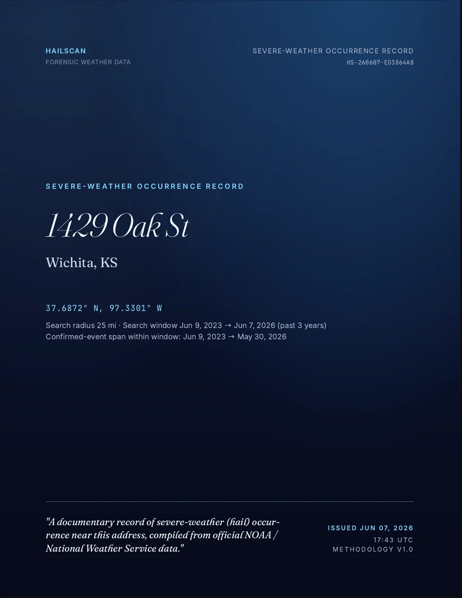 HailScan forensic hail-event report cover (PDF)