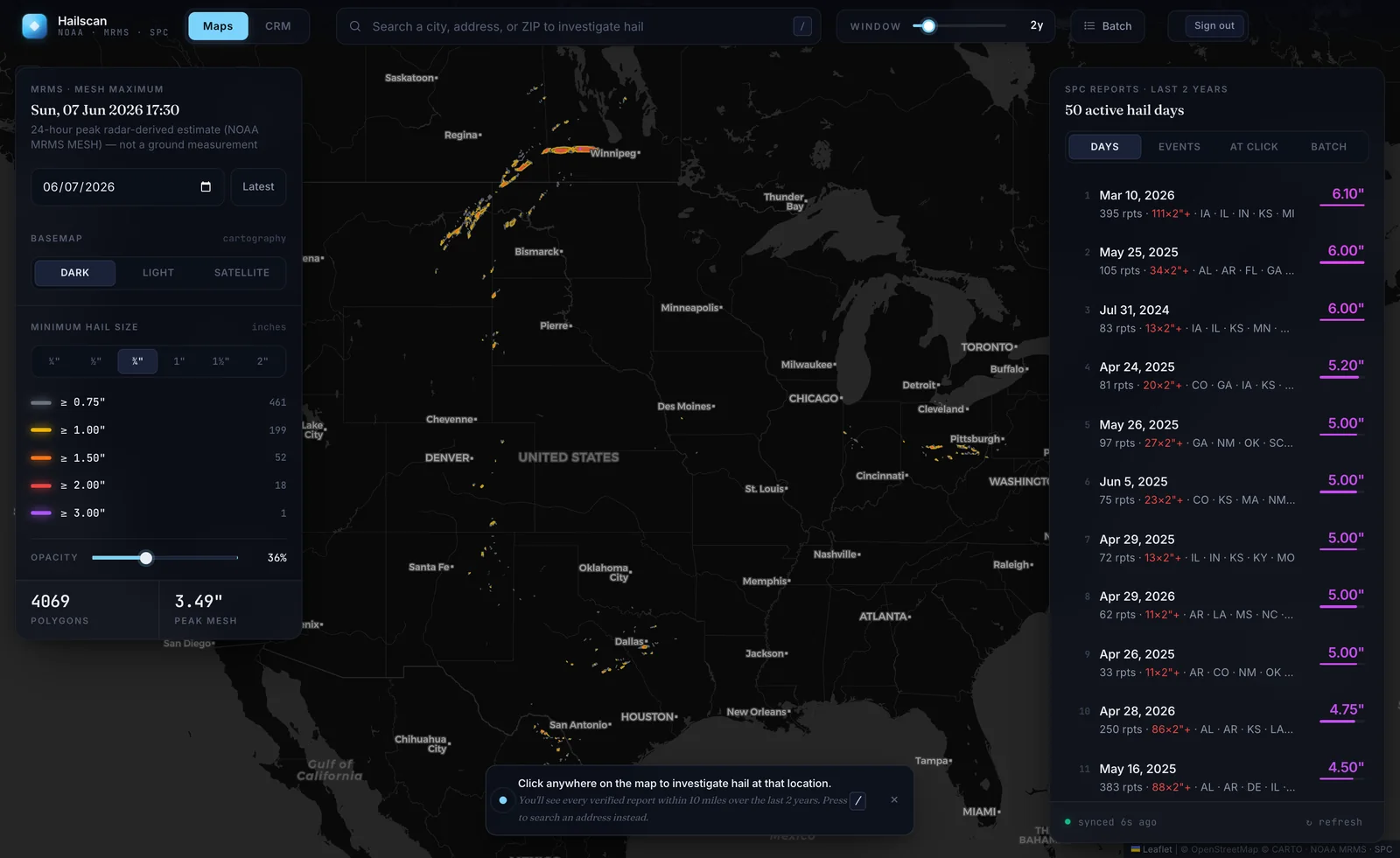 HailScan storm map showing reported hail days across the United States, with a ranked list of active hail days