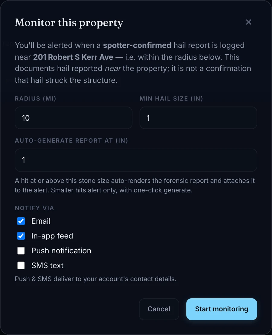 HailScan property-monitoring setup: alert radius, minimum hail size, auto-report threshold, and notification channels